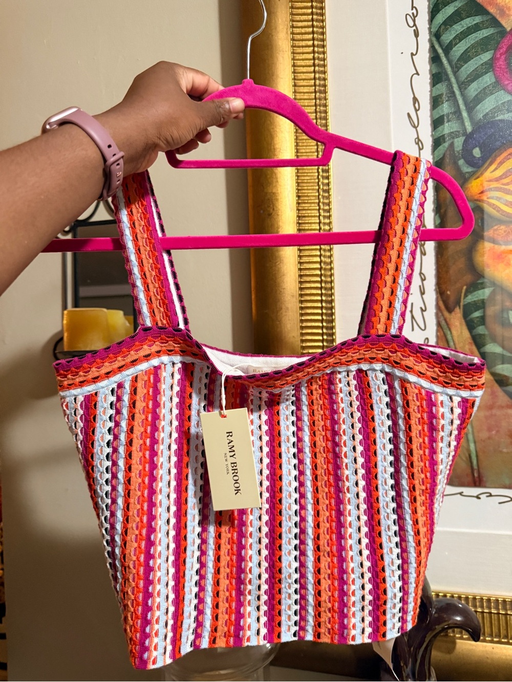 Ramy Brook Vera Pink & Orange Striped Crochet Top